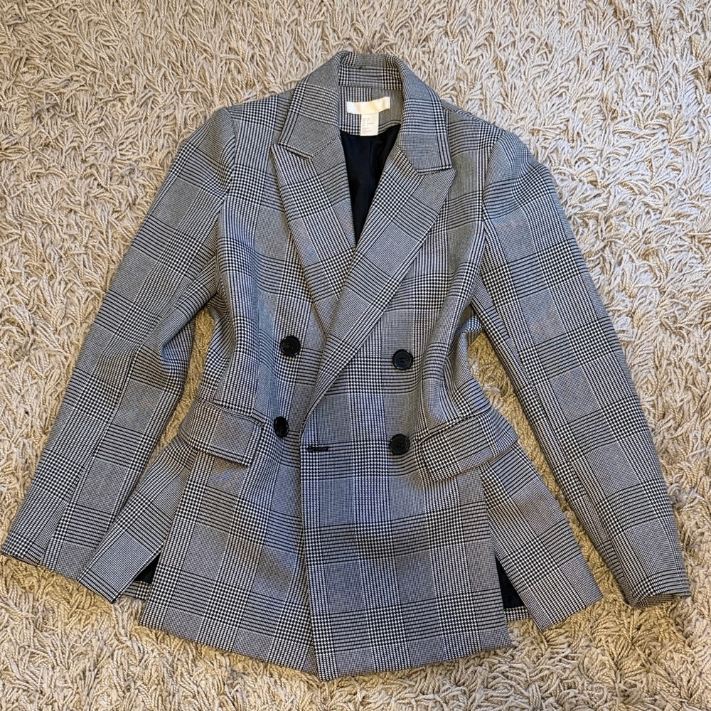 H&M Black and Black and White Checkered Tailored Double-Breasted Blazer | Size 4